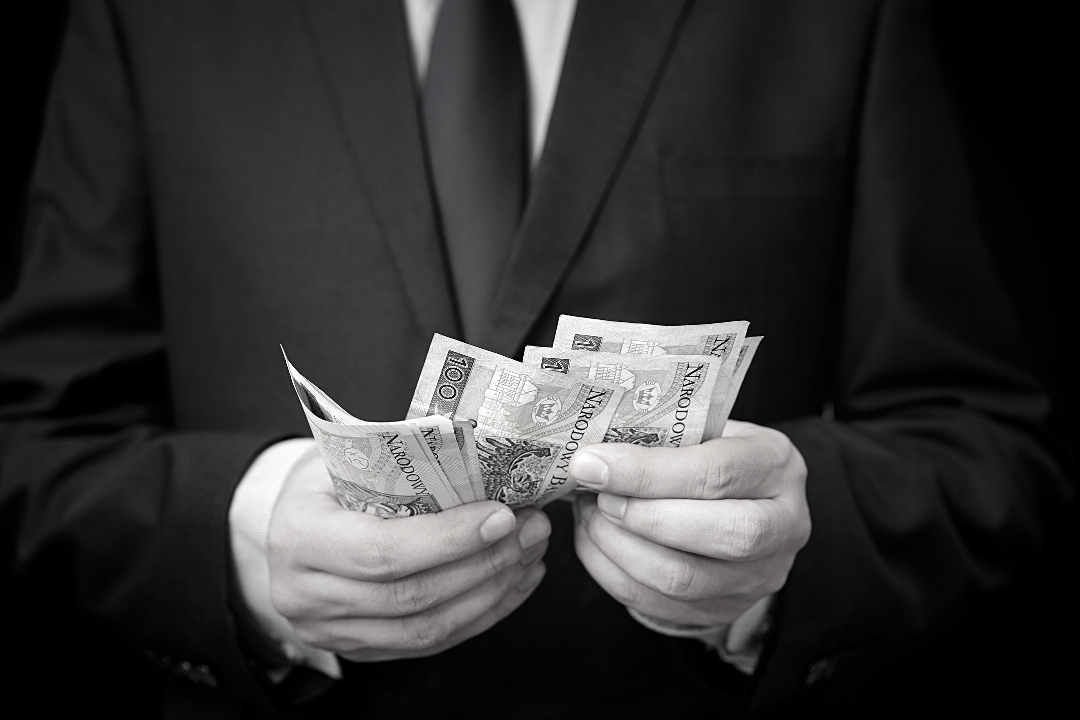 Man in a Suit Counts Polish Banknotes